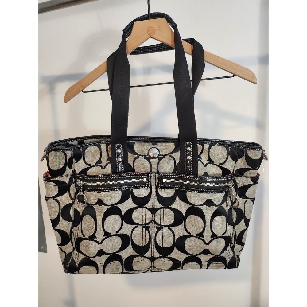 Coach Signature Black Gray Tote Handbag Purse Top Zip Shoulder Bag